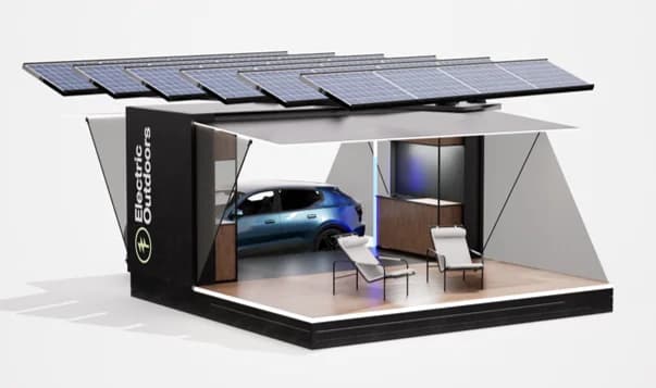 A rendered Electric Outdoors solar canopy with a vehicle and lounge area