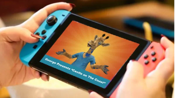 A handheld game screen showing George the giraffe